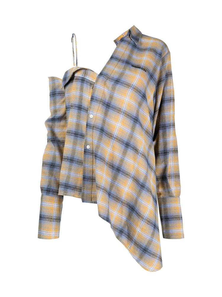 Asymmetric Plaid Long-sleeve Shirt