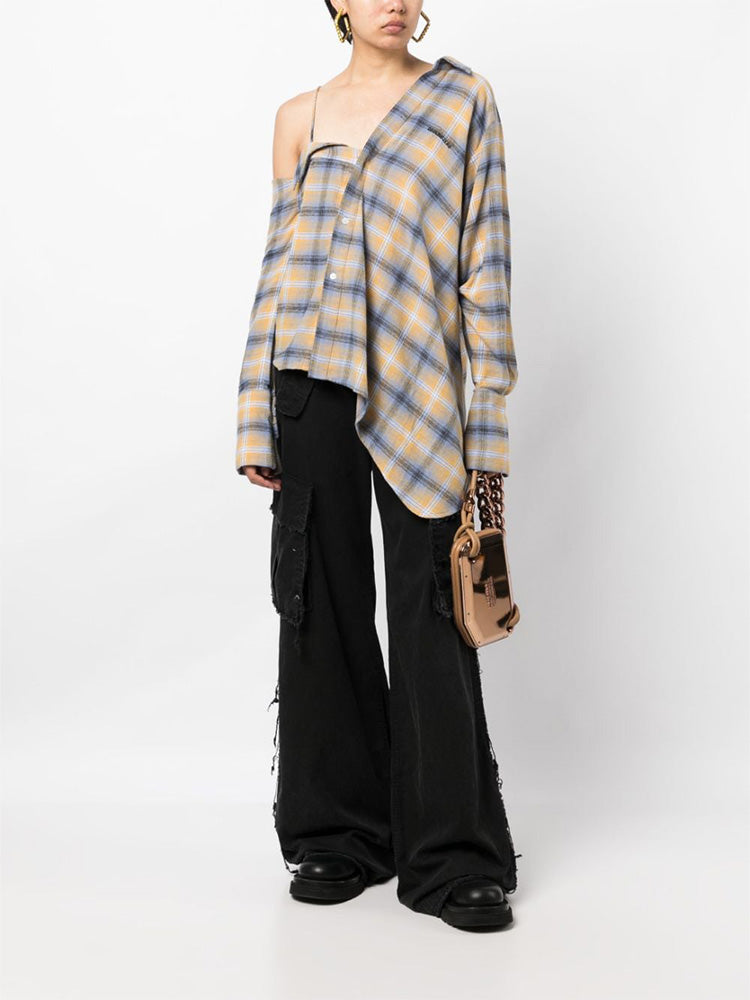 Asymmetric Plaid Long-sleeve Shirt