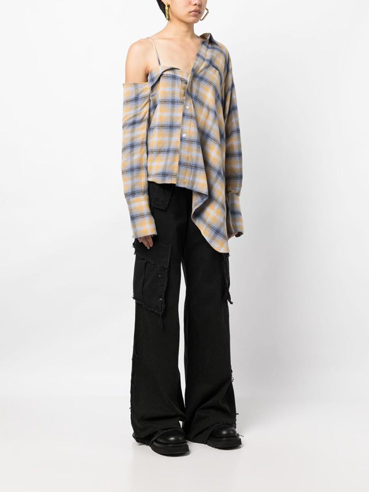 Asymmetric Plaid Long-sleeve Shirt