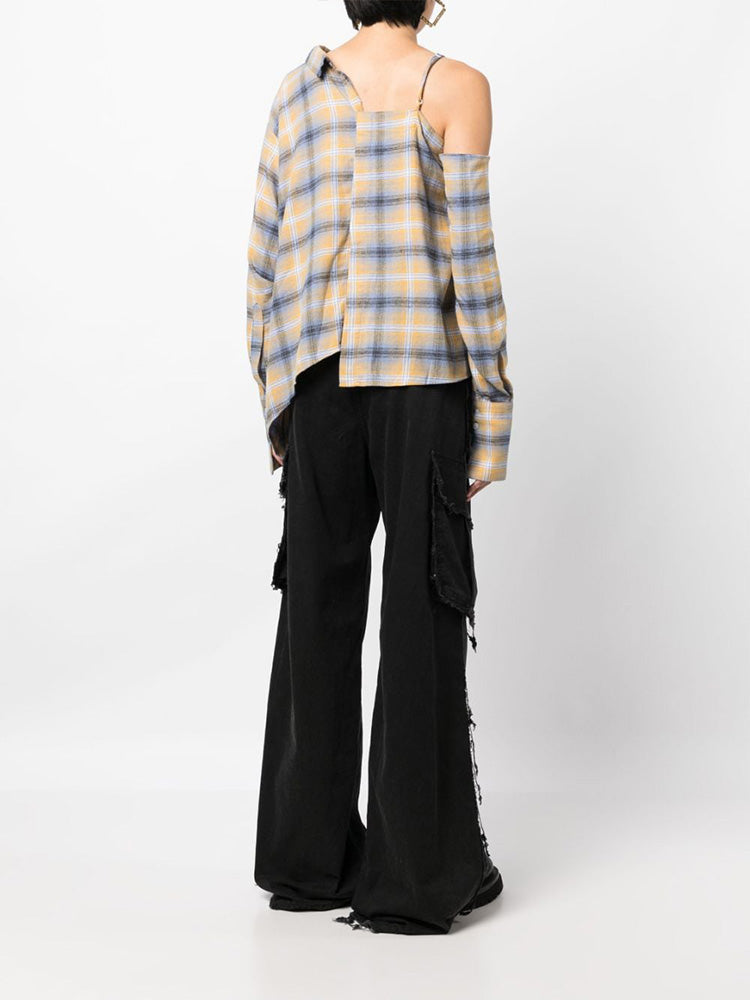 Asymmetric Plaid Long-sleeve Shirt